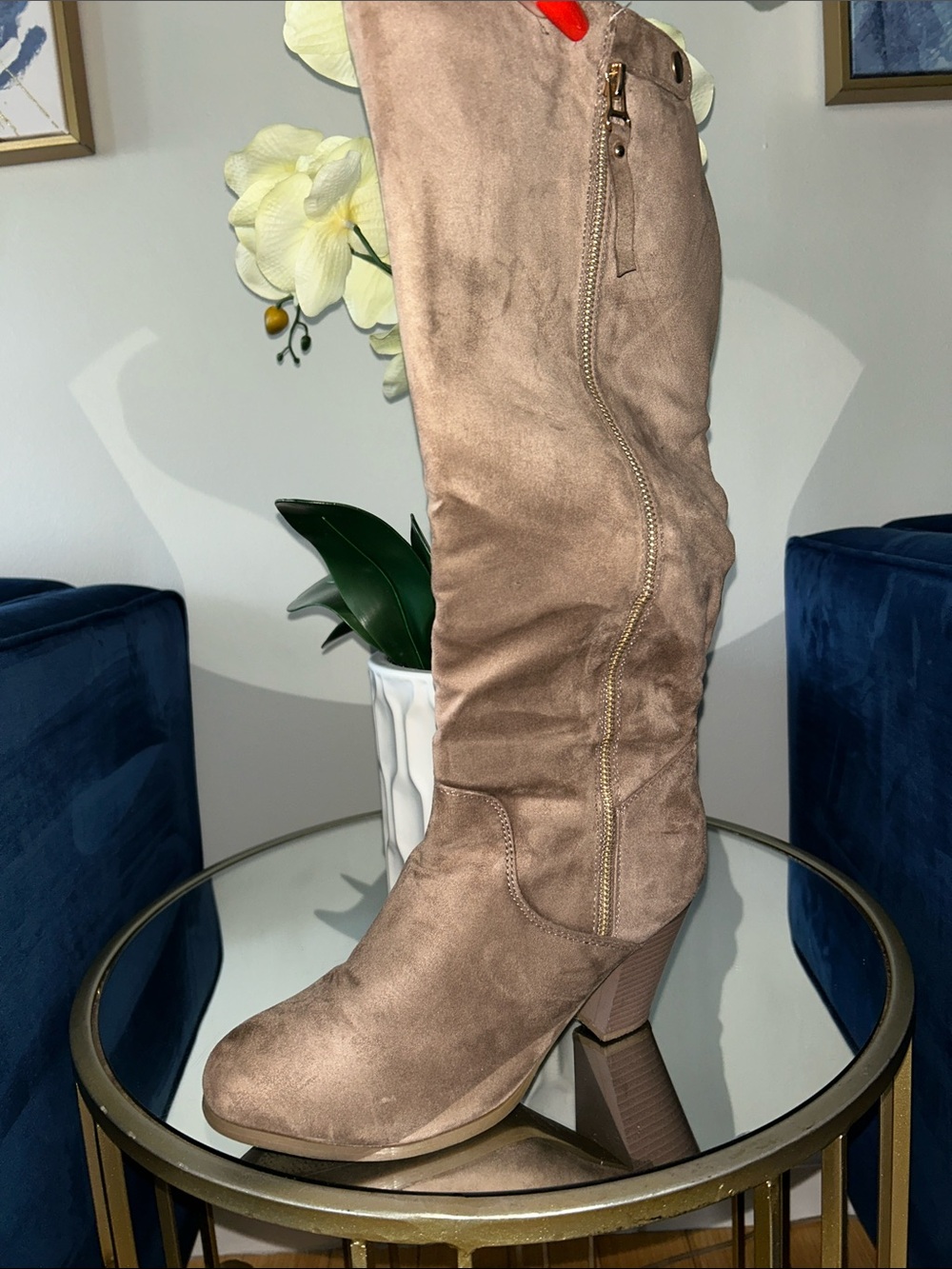 TOP Moda Taupe Over-The-Knee Suede-Like Boots with Side Zip